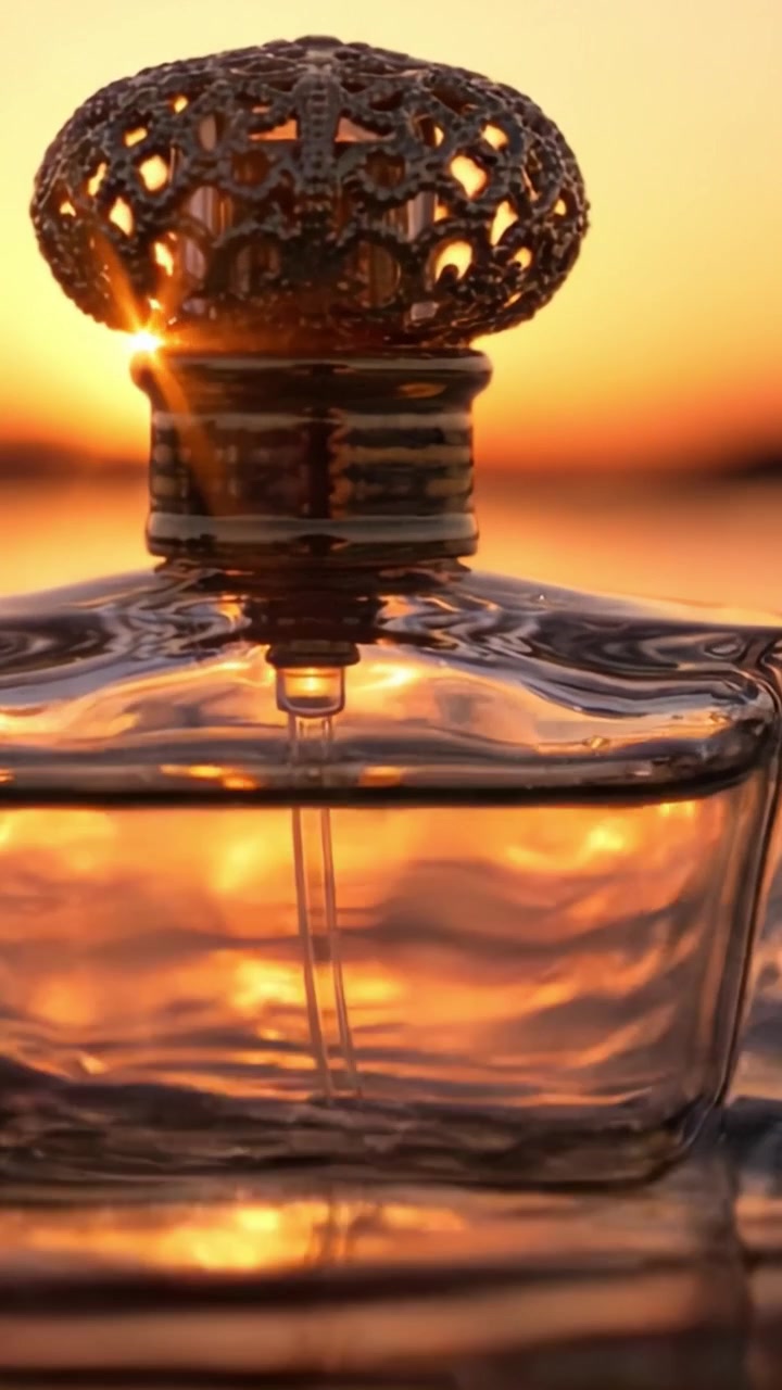 Squisita bottiglia di profumo in vetro che cattura il caldo bagliore del tramonto, evidenziando un design intricato e una bellezza riflettente in un ambiente naturale tranquillo.