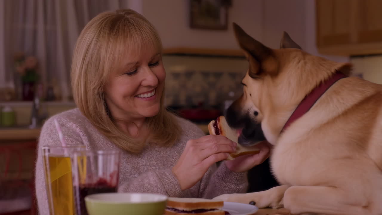 Woman with dog and sandwich