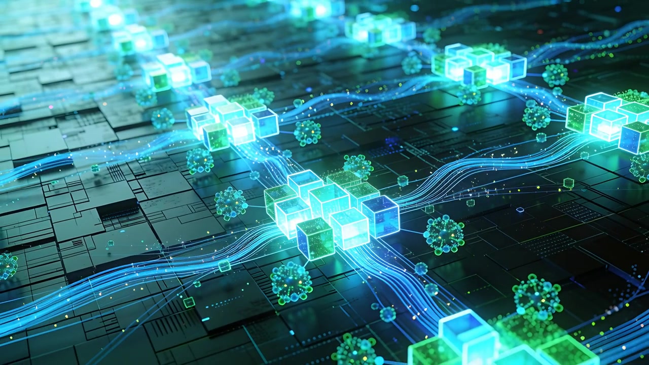 Glowing central cube cluster responding to light pulses on matte circuit tiles, with neon conduits