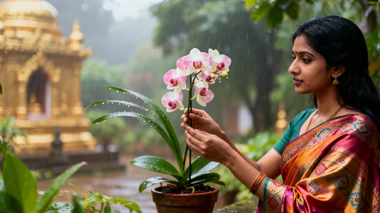 Eine Inderin im Sari befestigt im Regen am Tempel ein Band an einem Pfahl, um einen Orchideenstiel zu stützen.