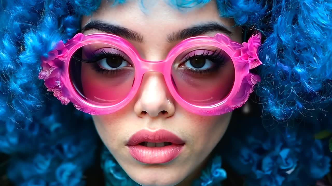 una mujer con cabello azul y gafas de sol rosas frente a las flores