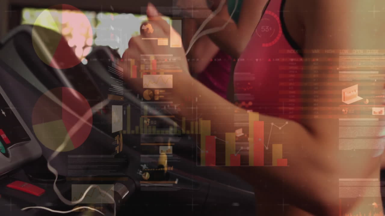 Three women running on gym treadmills, showing fitness data graphs and metrics overlays