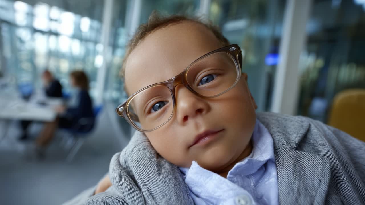 Un neonato affascinante con occhiali e abbigliamento, immortalato in un ambiente interno vivace, pieno di luce e interessanti dettagli sullo sfondo, che esprime un'adorabile personalità