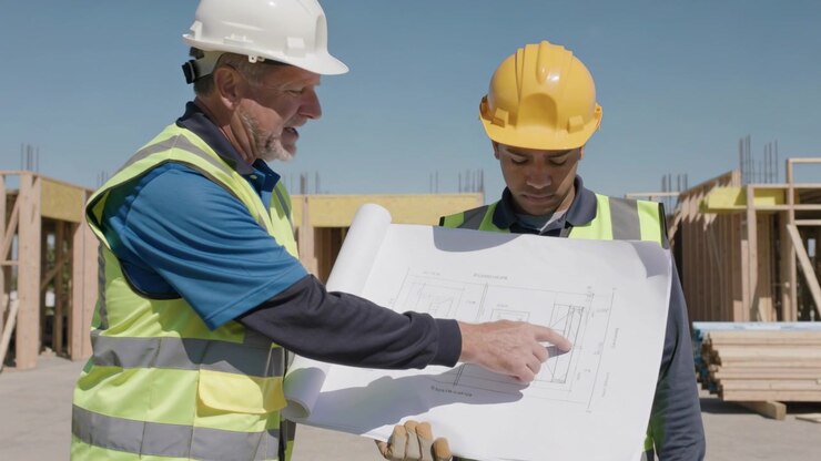 Pointing senior foreman directing worker at jobsite, wearing vests, checking blueprints for framing
