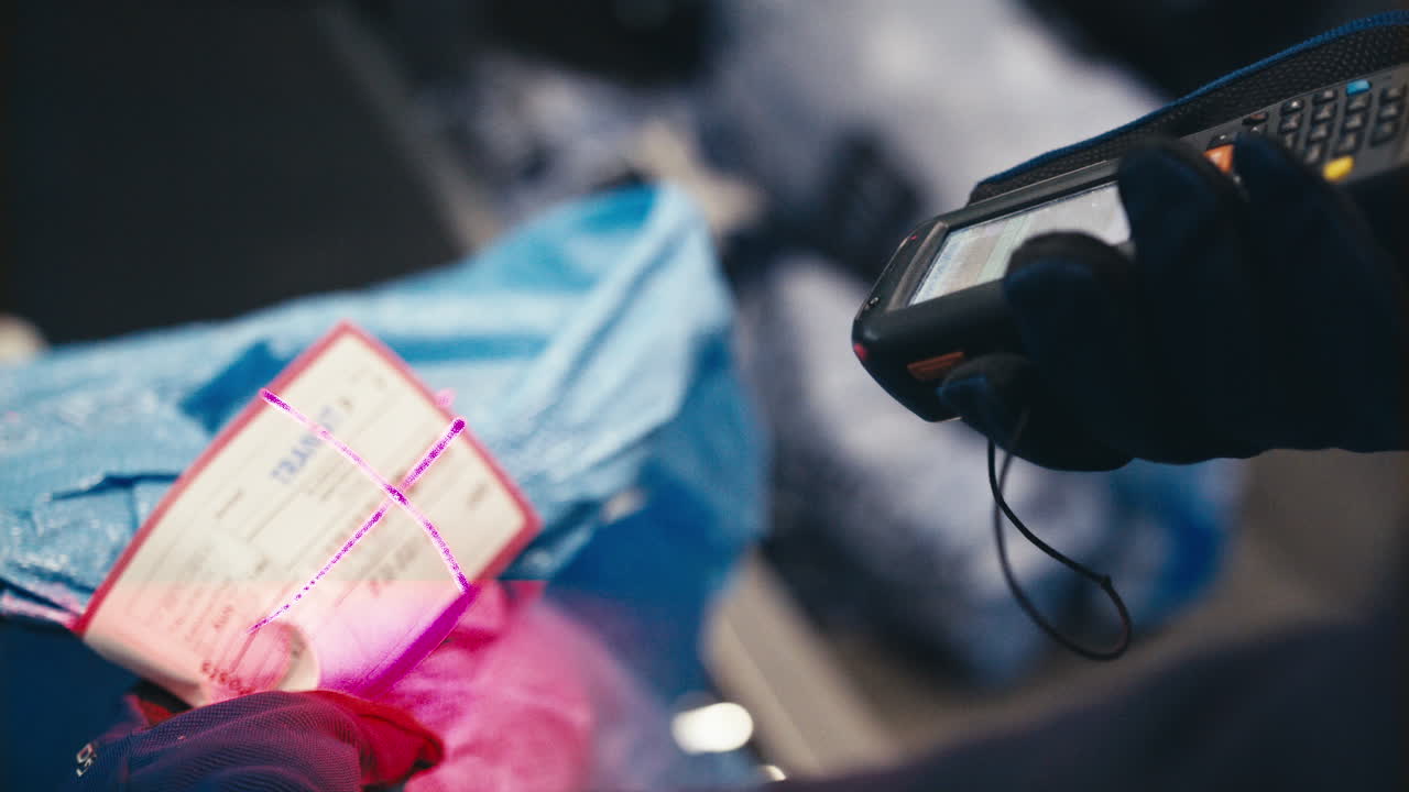 Slow motion of customs worker scanning postal package barcode for electronic processing in warehouse
