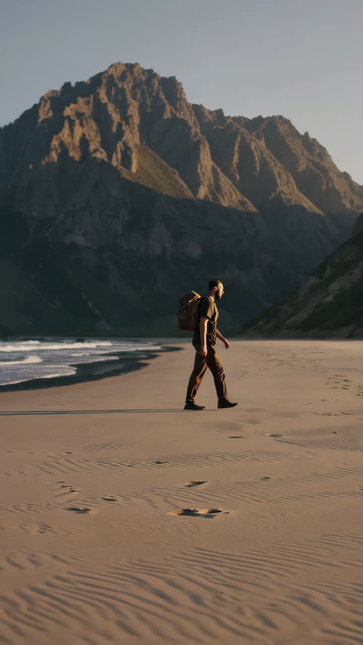 Man walking on a vast sandy plain with majestic mountains in the background