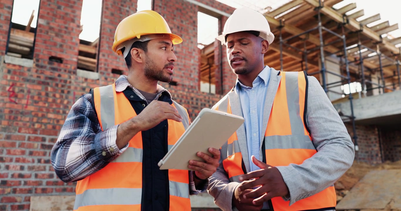 Construction Managers Discussing Project Plans on Tablet at Building Site