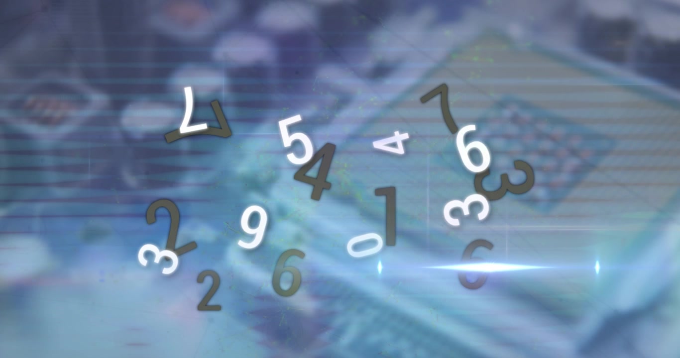 Animation of increasing numbers and lens flare over electronic components