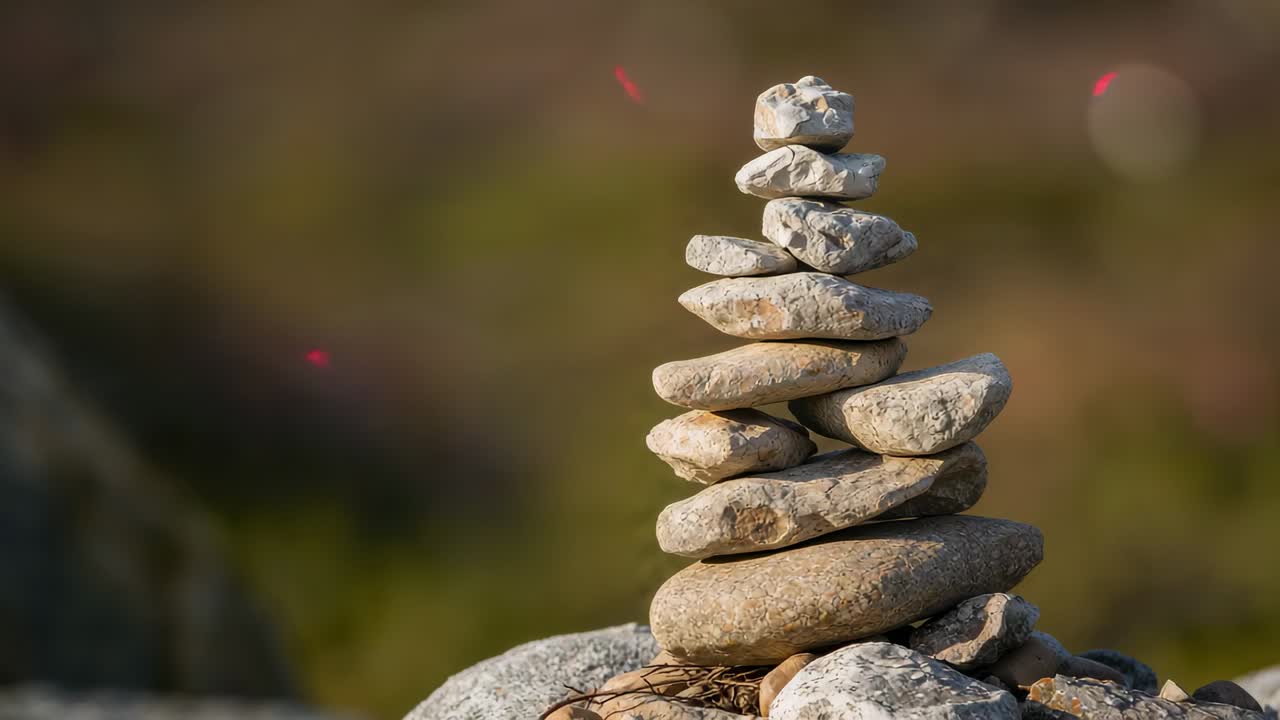 Cambio de ángulo de cámara centrado en un hito de piedras equilibrado sobre un lecho de roca, mostrando ramitas en la base y texturas