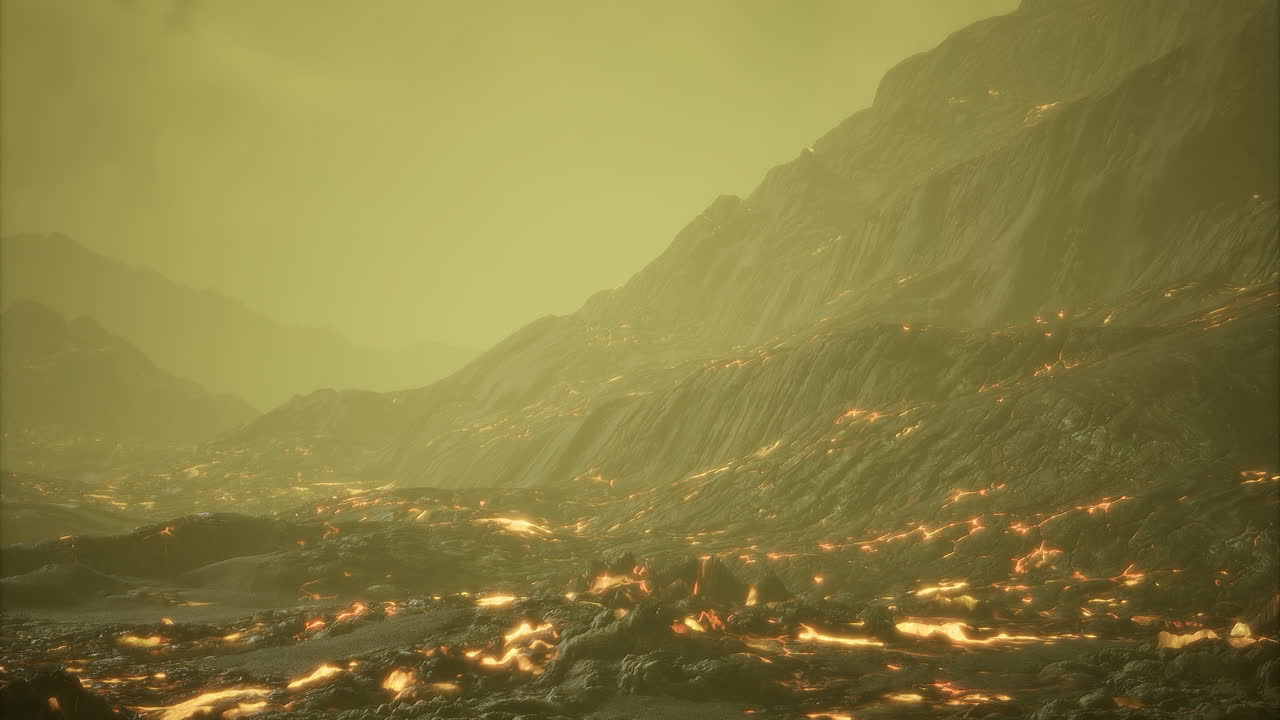 Volcanic landscape under an eerie sky glowing with molten lava flow