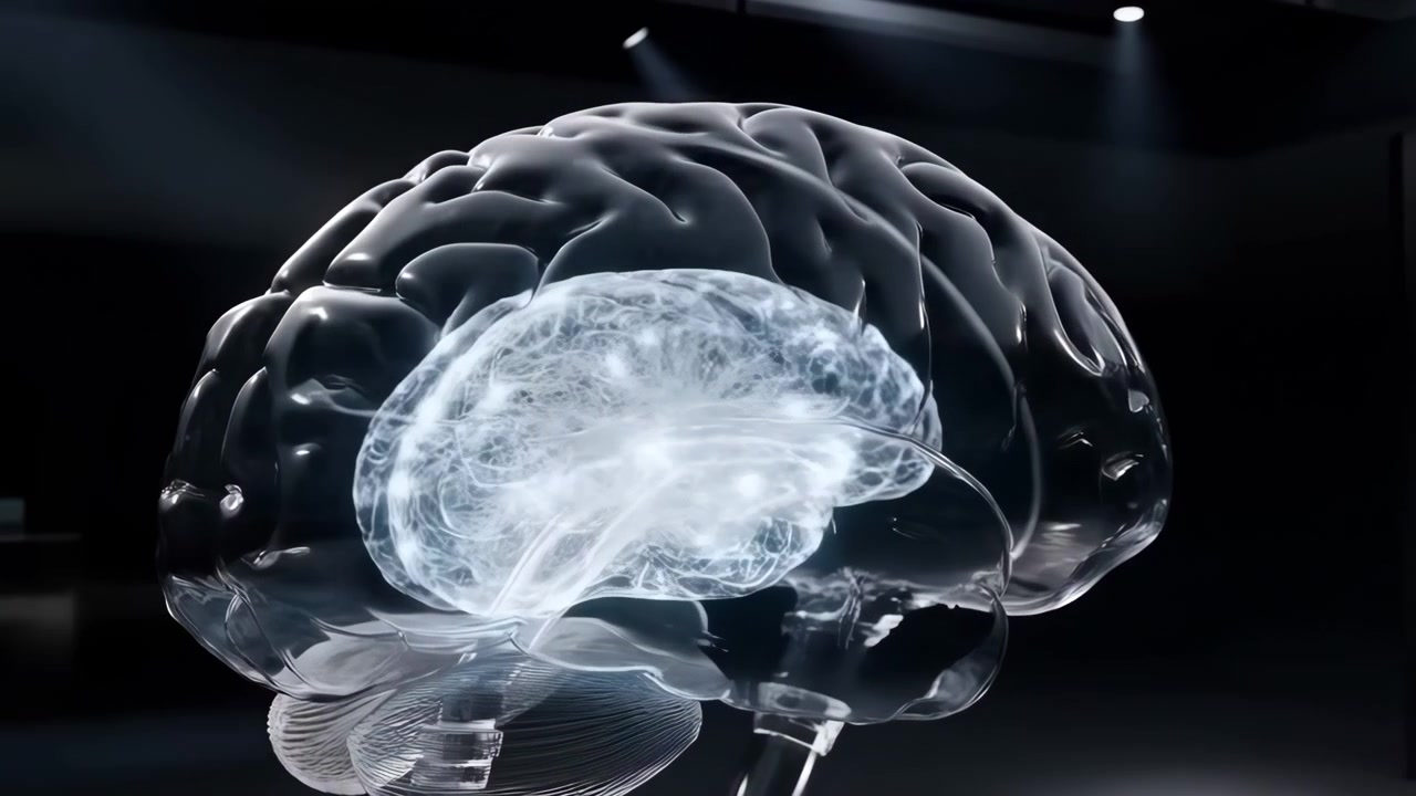 Transparent anatomical brain model rotating in dark studio with glossy cerebral hemispheres, visible cerebellum, brainstem, translucent layers, and sharp overhead light creating futuristic clinical
