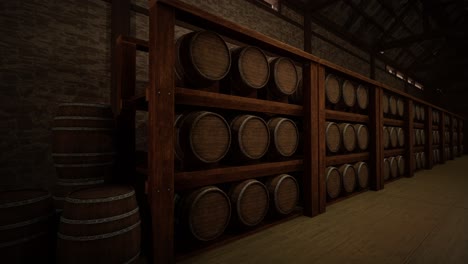 almacenamiento de barriles de vino en la bóveda de vinos. barriles de coñac, vino o whisky. barrilles de vino de roble de madera. almacén de alcohol