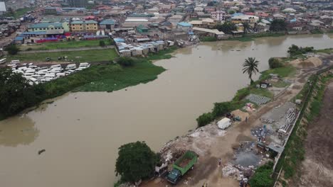 aeriel shot of a landlocked urban settlement near a river