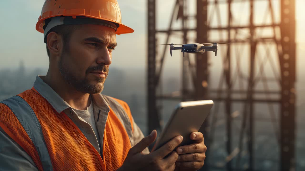 Tapping tablet, tech wearing vest launching drone at scaffold for inspection at sunset, copy space