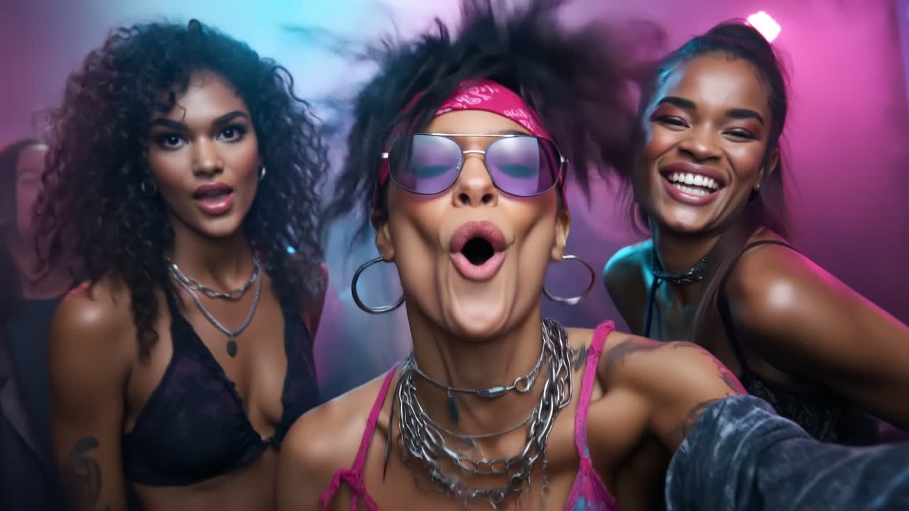 Gruppo di giovani donne energiche che ballano e si divertono a una festa in discoteca con illuminazione al neon