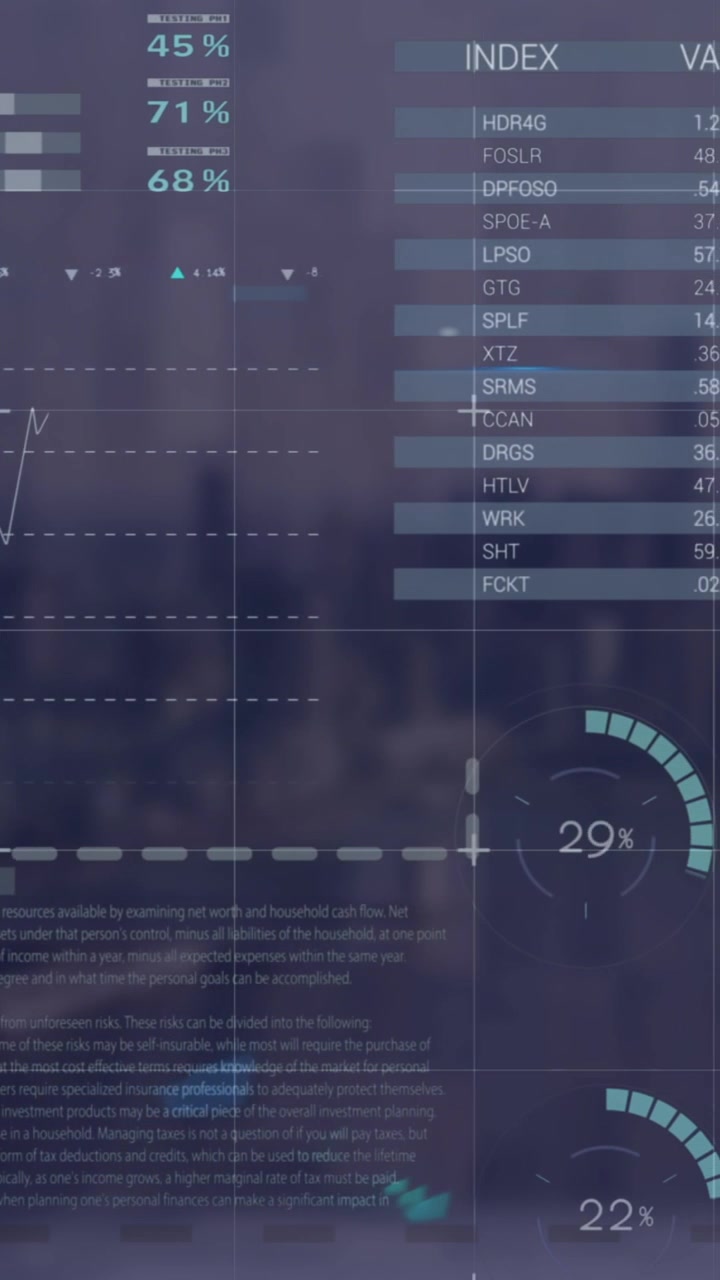 Animation of statistical data processing over grid network against aerial view of cityscape