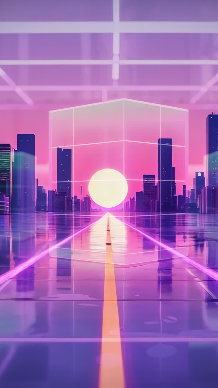 Vertical video: Pulsing orb fueling wireframe cube moving closer on neon grid toward city skyline