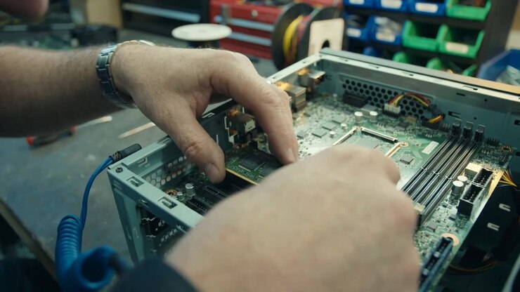 Technician Installing Computer Hardware Components Inside Desktop Workstation System