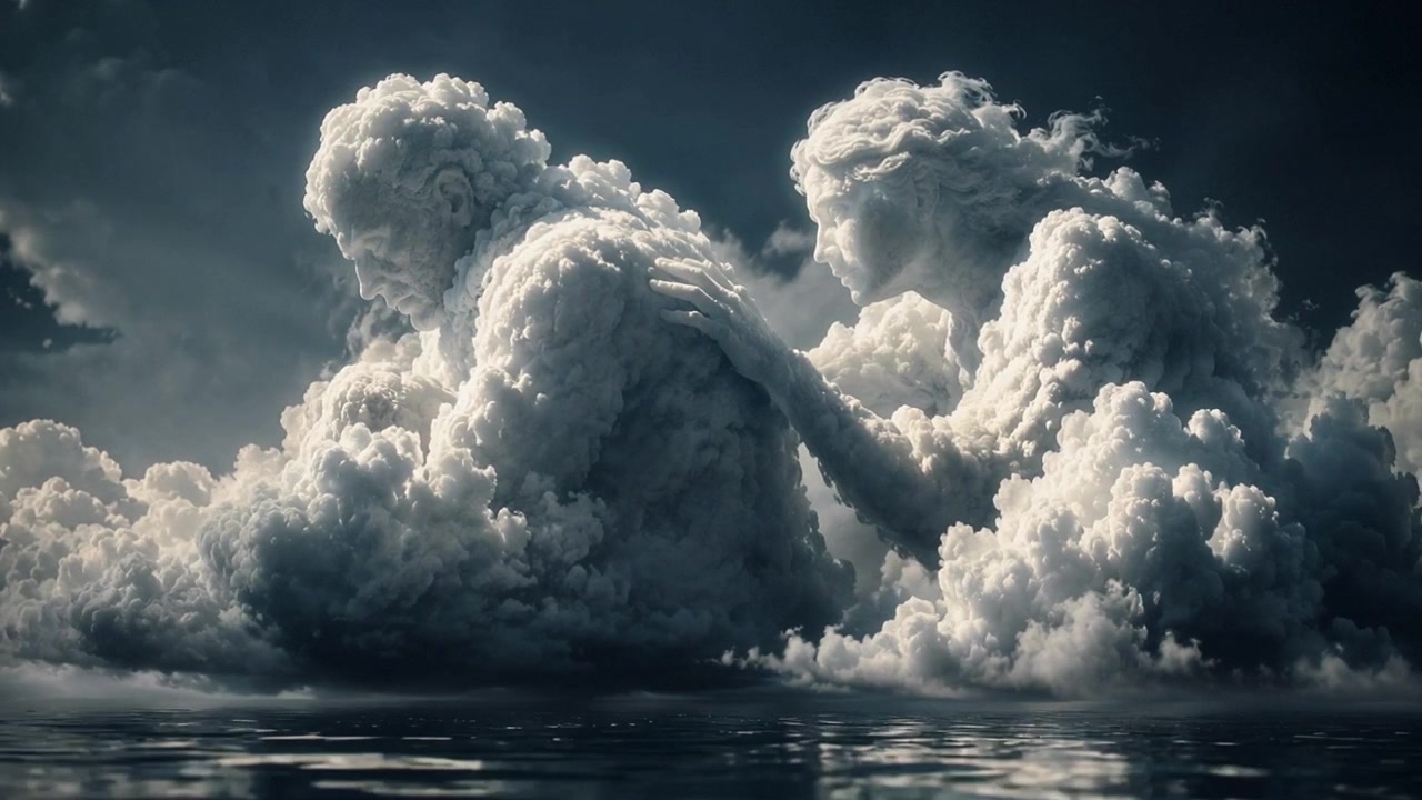Surrealistiske skyformationer, der ligner menneskefigurer over roligt vand