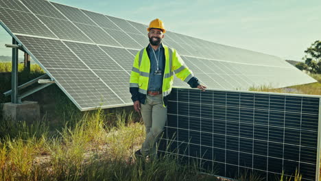 Happy-man,-engineer-and-solar-panel-for-eco