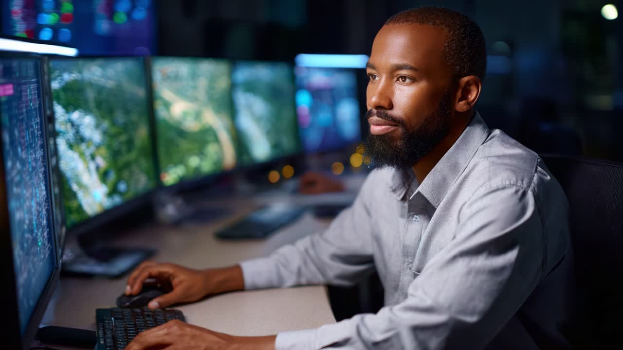 Focused Professional Analyzing Data on Multiple Monitors in a High-Tech Control Room Environment