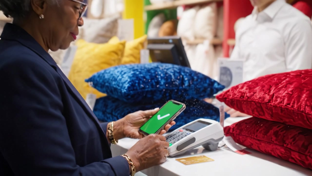 Elderly customer making a mobile payment at a retail store checkout with vibrant decorative pillows in the background, showcasing modern shopping technology.