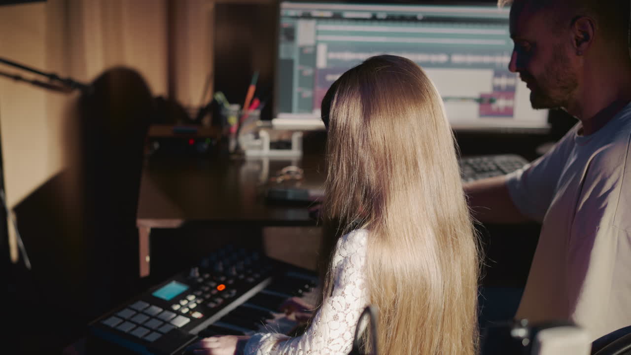 la niña disfruta tocando el teclado sintetizador en el estudio. el estudiante practica con el instrumento bajo el ojo atento del mentor. niño con el cabello fluyendo en el centro de música