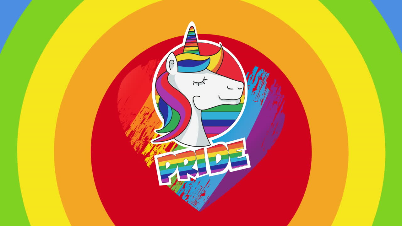 Animation of unicorn with rainbow color pride text, heart shape and circles