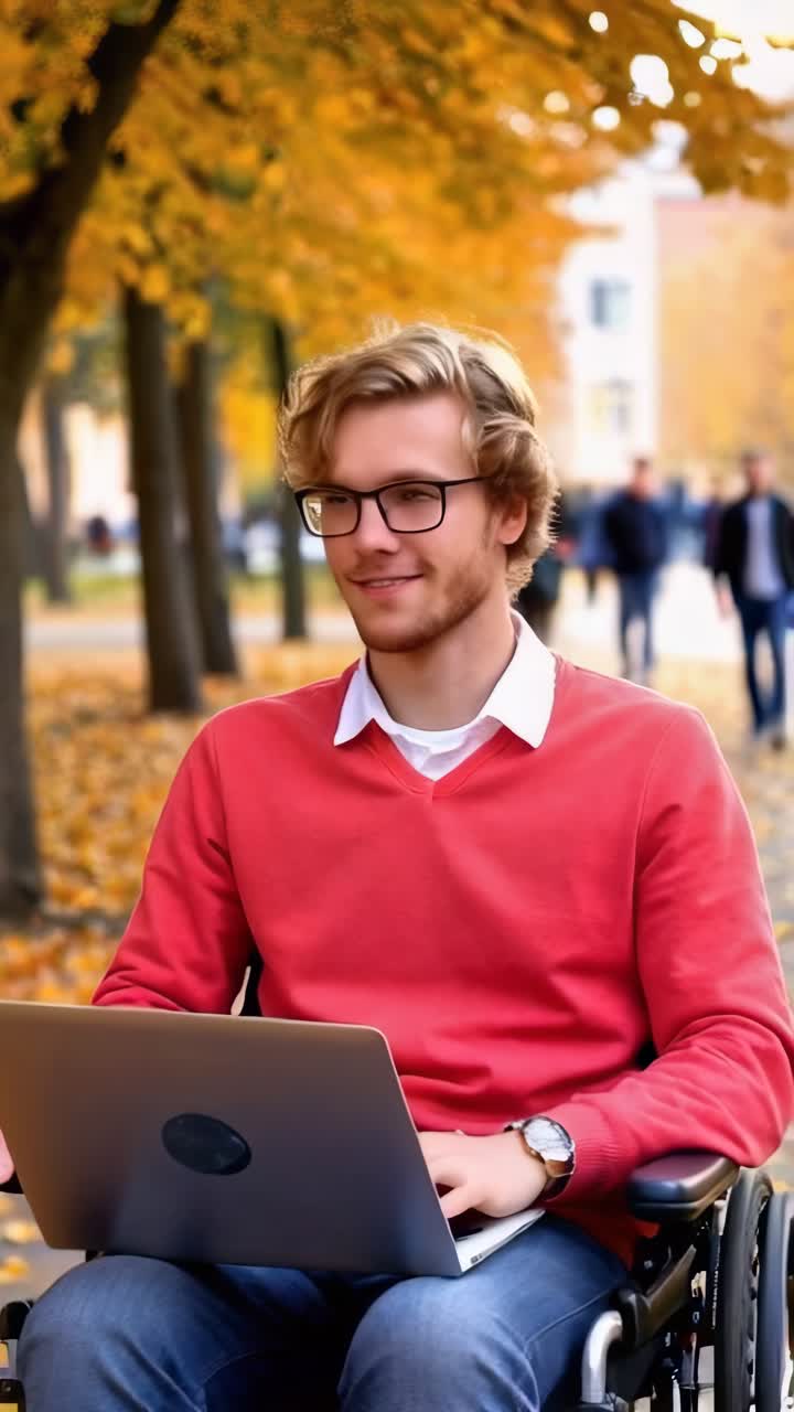 Giovane studente con disabilità seduto su una sedia che usa un laptop nel campus universitario.