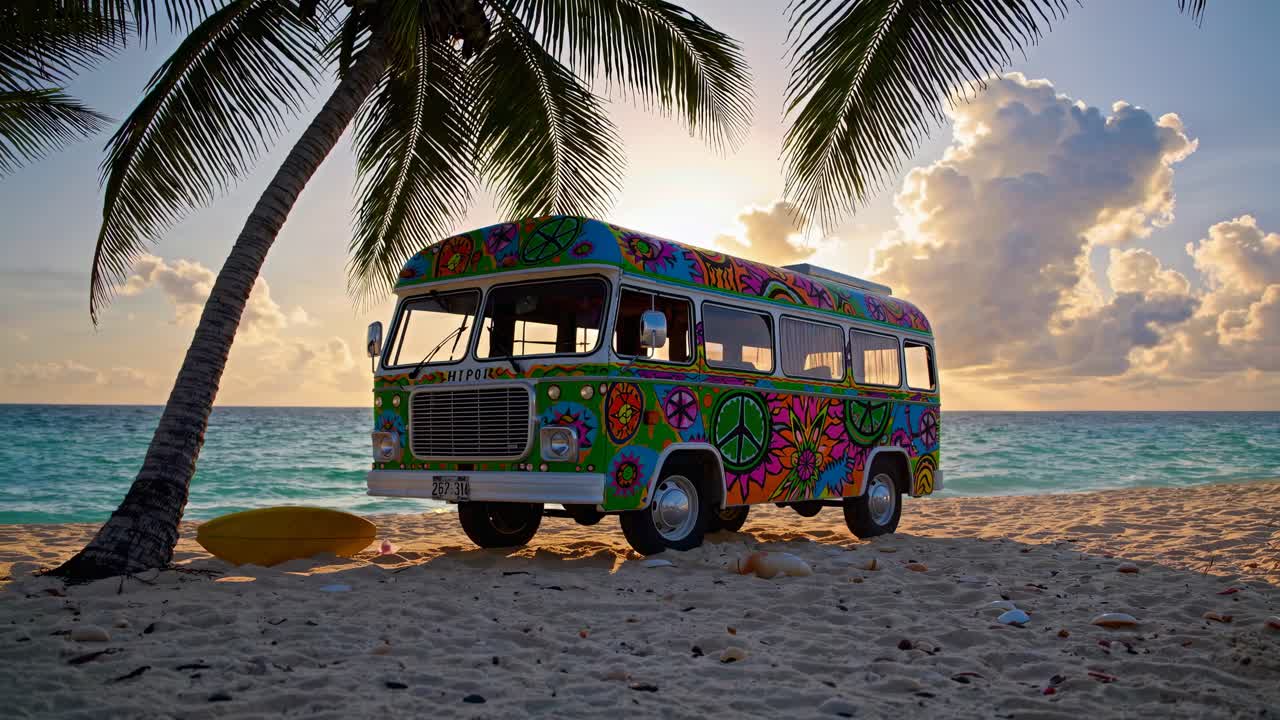 colorido autobús hippie en una playa tropical al amanecer