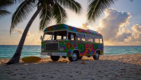 colorful hippie bus on a tropical beach at sunrise