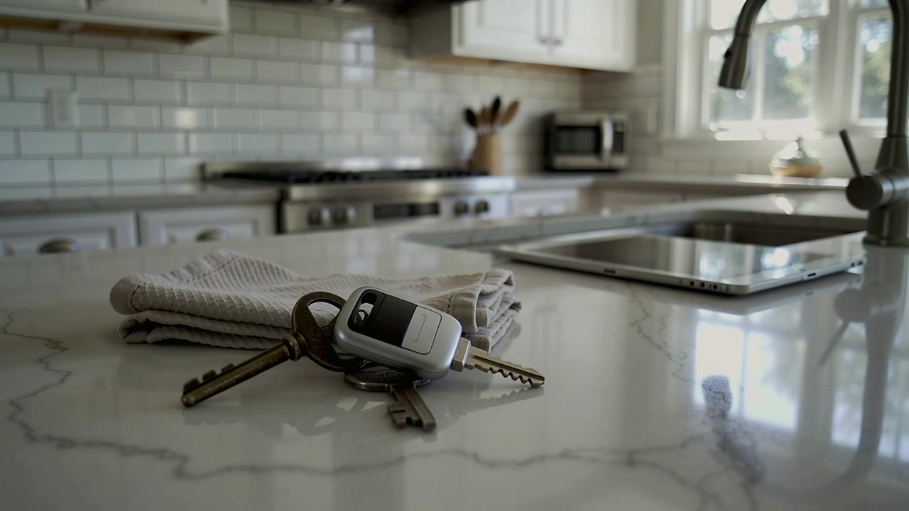 Pulling back camera revealing kitchen with metal keys and car fob resting on towel, showing context