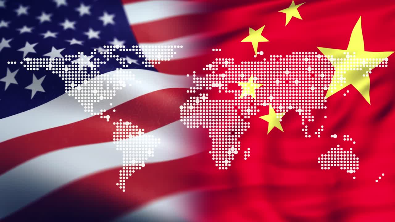 Digital world map over USA and China flags, symbolic global superpower conflict