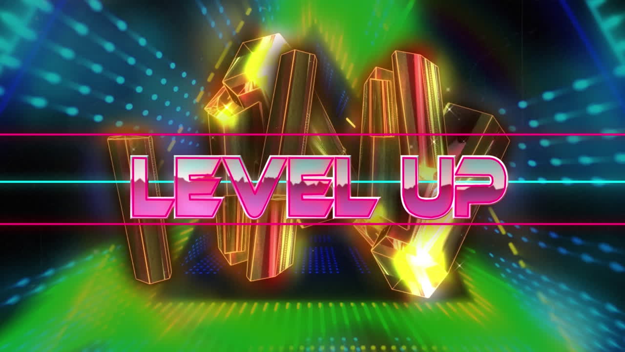 크리스탈로 디지털 추상 공간에서 레벨을 올리는 애니메이션