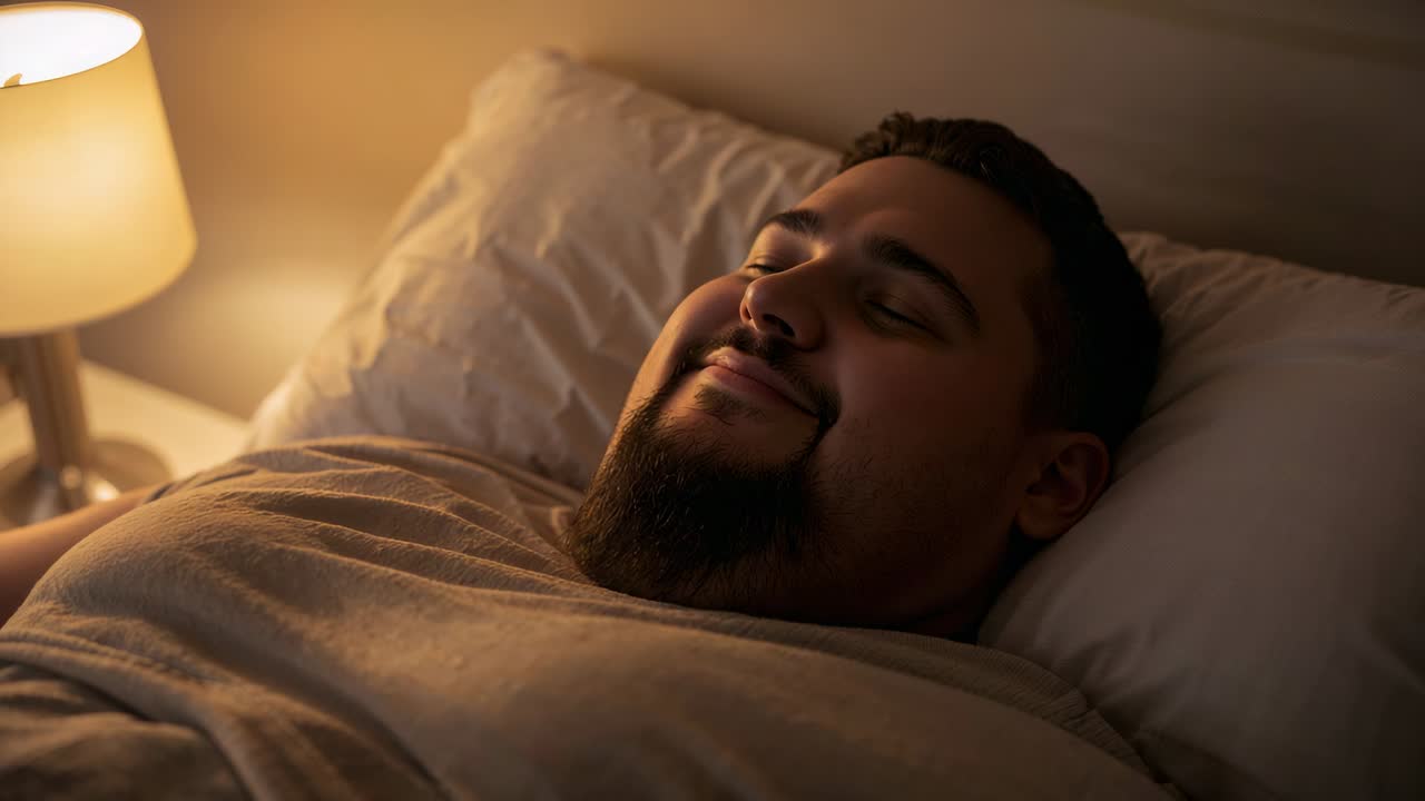Smilende latinamerikansk mand i lys T-shirt bemærker bevægelse uden for skærmen og smiler bredere i soveværelset ved lampen