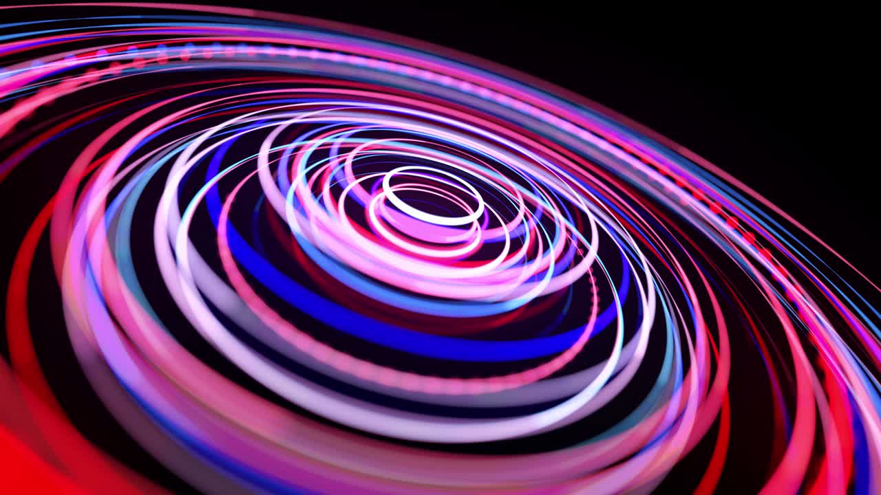 Light flow in ring structure, bg in 4k. Abstract looped background with light trails, stream of red blue neon lines in space form rings. Modern trendy motion design background. Light effect,