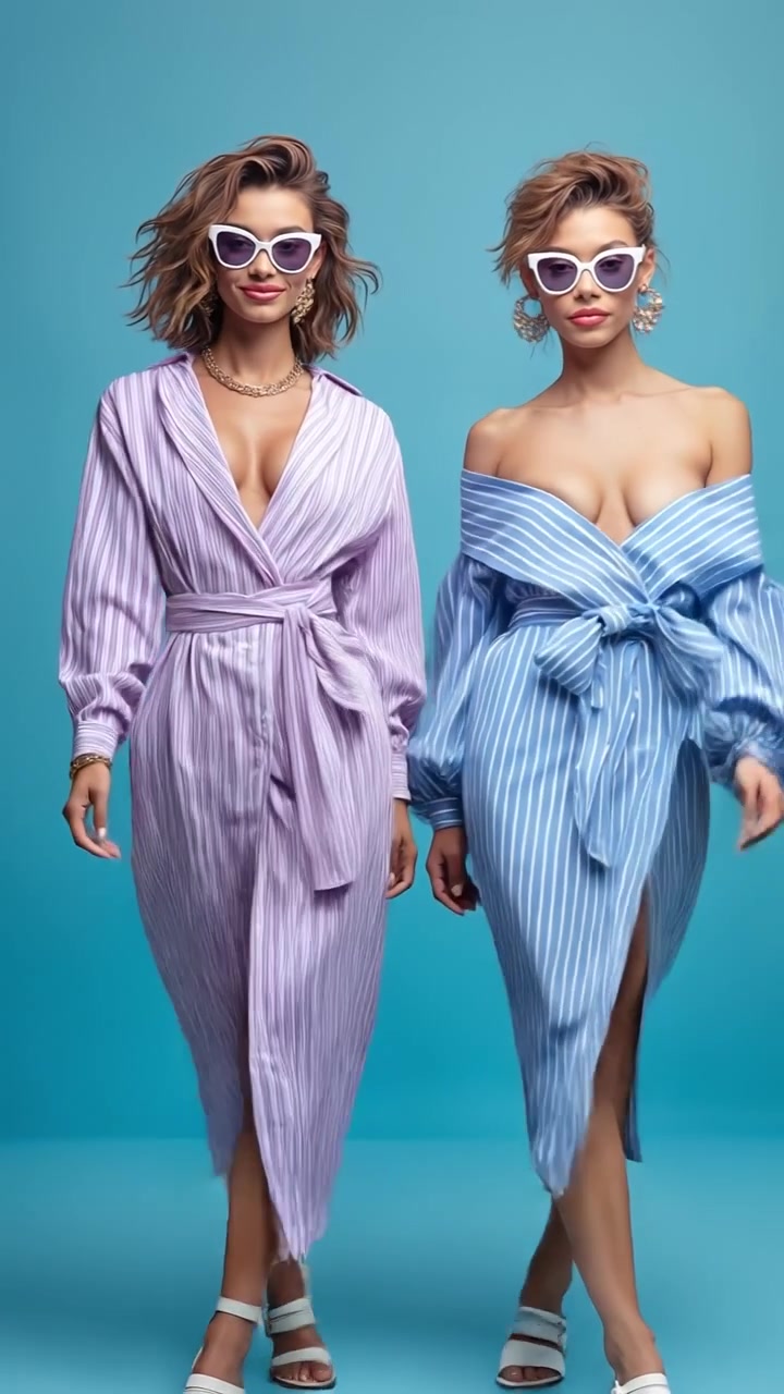 Due donne con abiti a camicia a righe azzurre e viola in posa insieme su uno sfondo azzurro tenue.