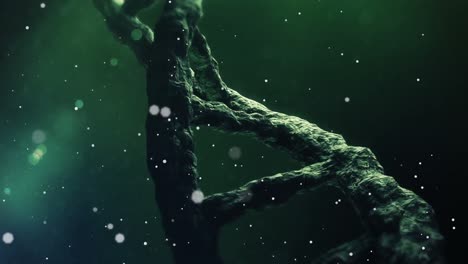 animation of falling spots over spinning dna strand on dark background