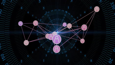 animation of network of connections with icons over data processing on black background