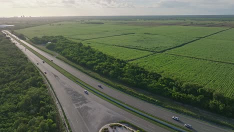 Carretera-En-El-Caribe-Continental,-Campo-De-Cultivo-Verde,-San-Pedro-De-Macorís