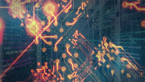 animación de conexiones de microprocesador rojas brillantes contra la sala de servidores de la computadora