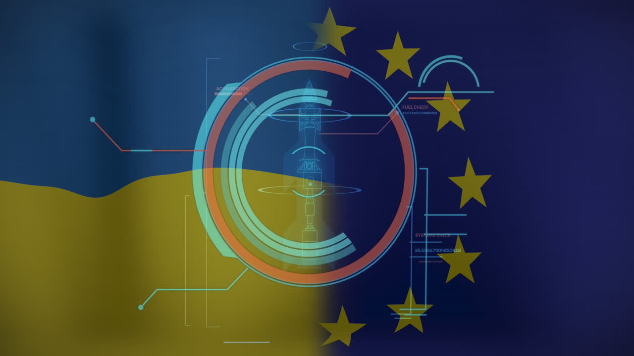 Animazione di scansione del mirino ed elaborazione dati su bandiera di Ucraina e UE