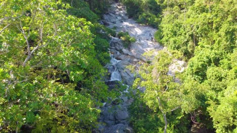 A-lush-forest-canopy-with-a-rocky-riverbed-in-santa-marta,-colombia,-in-bright-daylight,-aerial-view