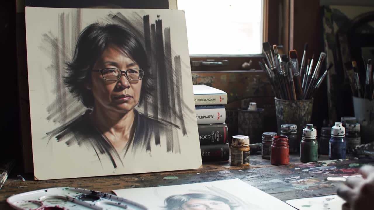 芸術の本質を捉える：設備の整ったスタジオで、肖像画の創作に没頭する才能あるアーティスト