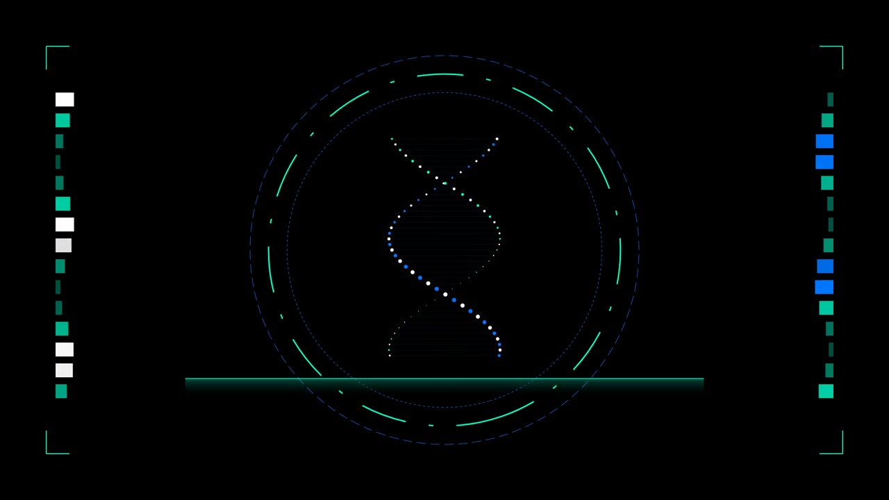 Digital DNA Helix Animation with Futuristic HUD Interface