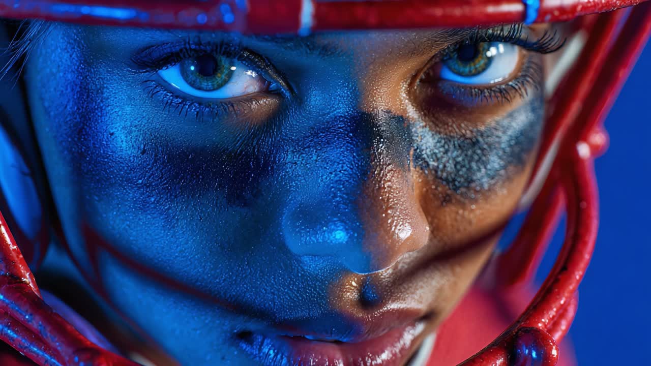 Primo piano di un giovane atleta con casco da football americano rosso, che cattura l'intensa concentrazione e determinazione sotto una luce intensa