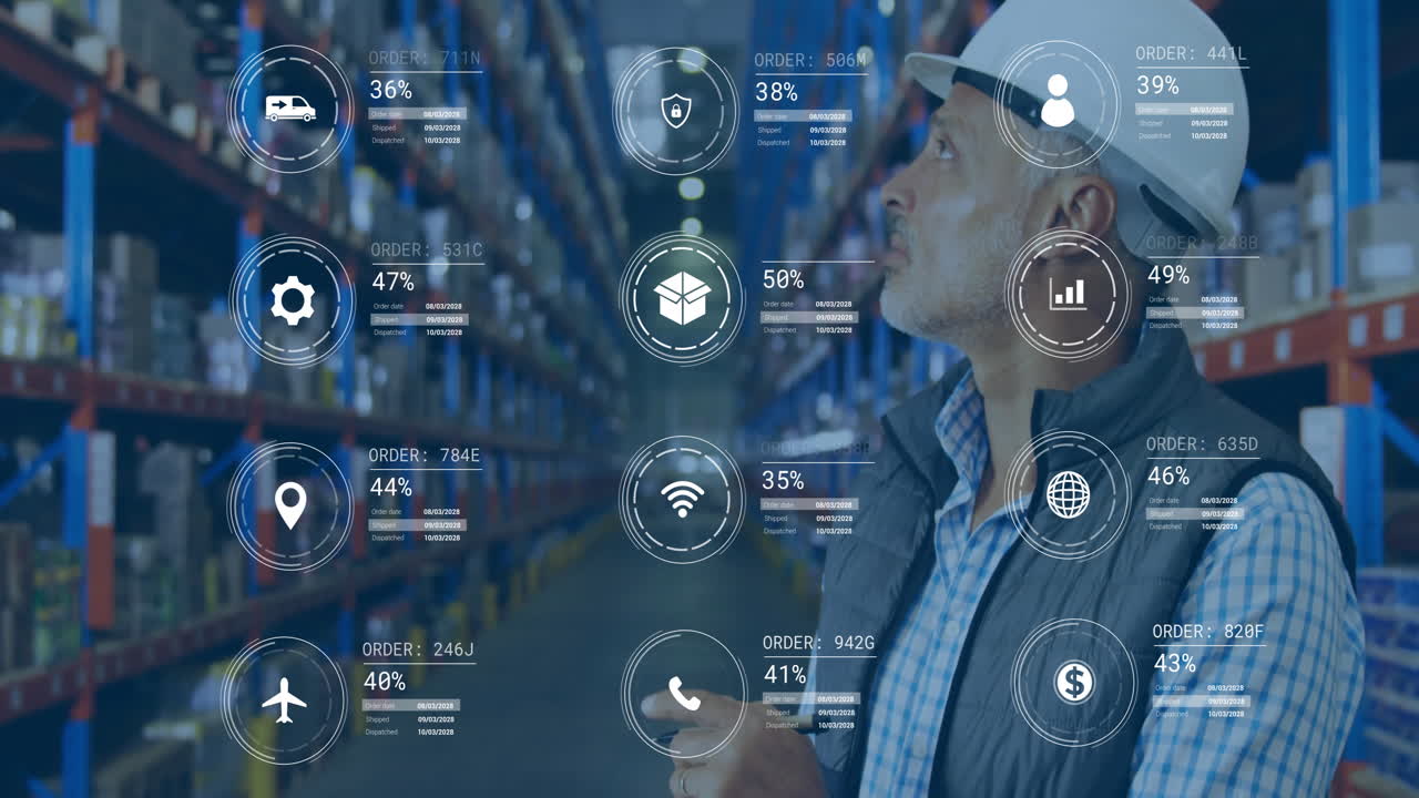 Analyzing digital data, warehouse worker focusing on statistics and animation icons