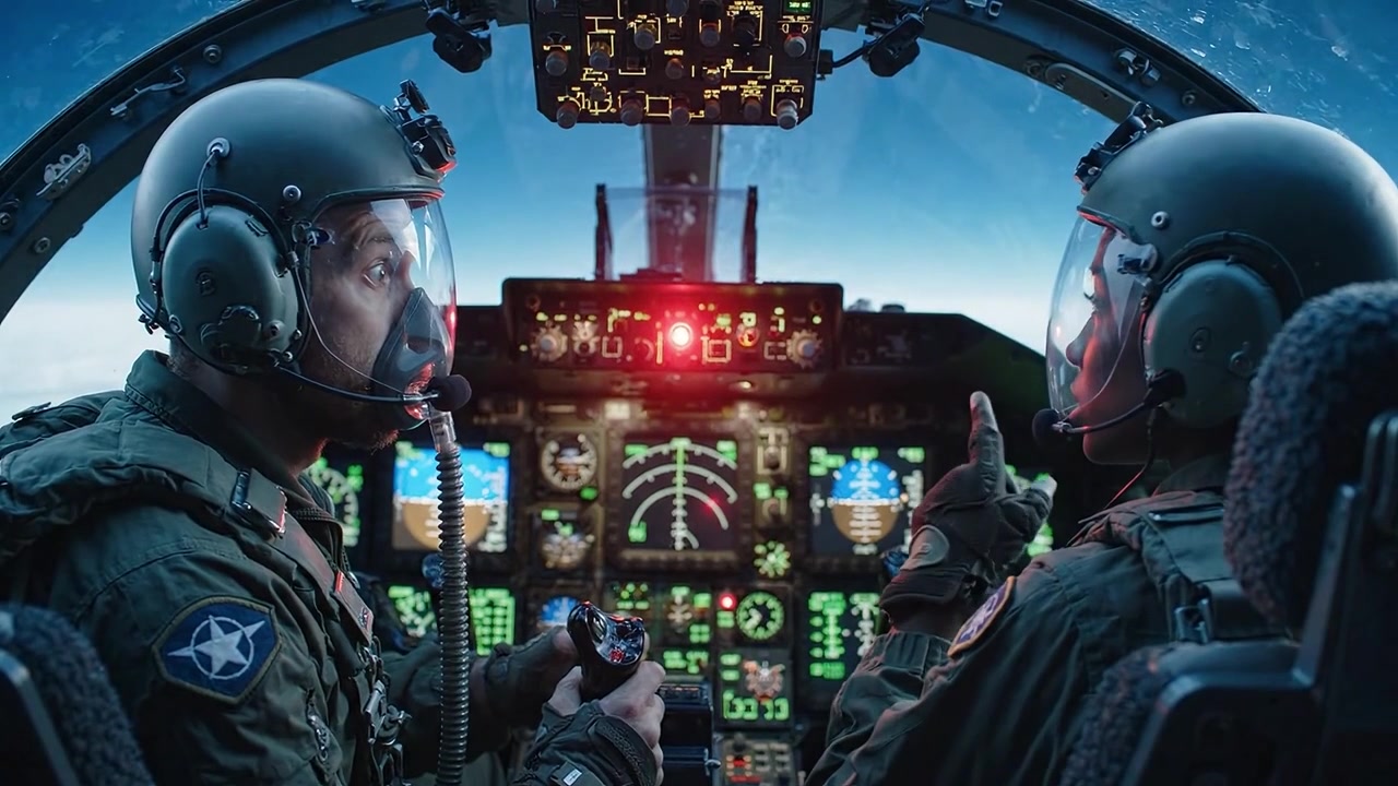 Due piloti militari all'interno di un abitacolo ad alta tecnologia, concentrati sui loro strumenti mentre si preparano al volo. La scena cattura l'intensità e il cameratismo dell'aviazione
