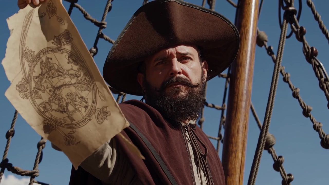 Esploratore storico che tiene una mappa antica sul ponte di una nave a vela