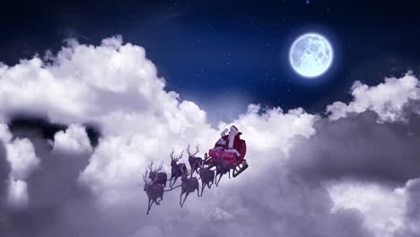 animación de navidad santa claus en trineo con renos sobre nubes y luna llena.